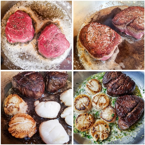 The easy steps for browning the steak and scallops.