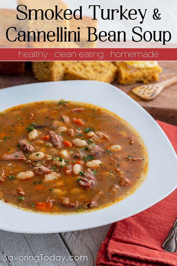 Smoked Turkey and Bean Soup Recipe with sprouted whole grain corn bread is real comfort food. Make this easy bean soup with smoke turkey instead of ham in the pressure cooker, slow cooker, or stove top. #instapotsoup #beansoup #turkeysoup #turkeyrecipe #smokedturkey