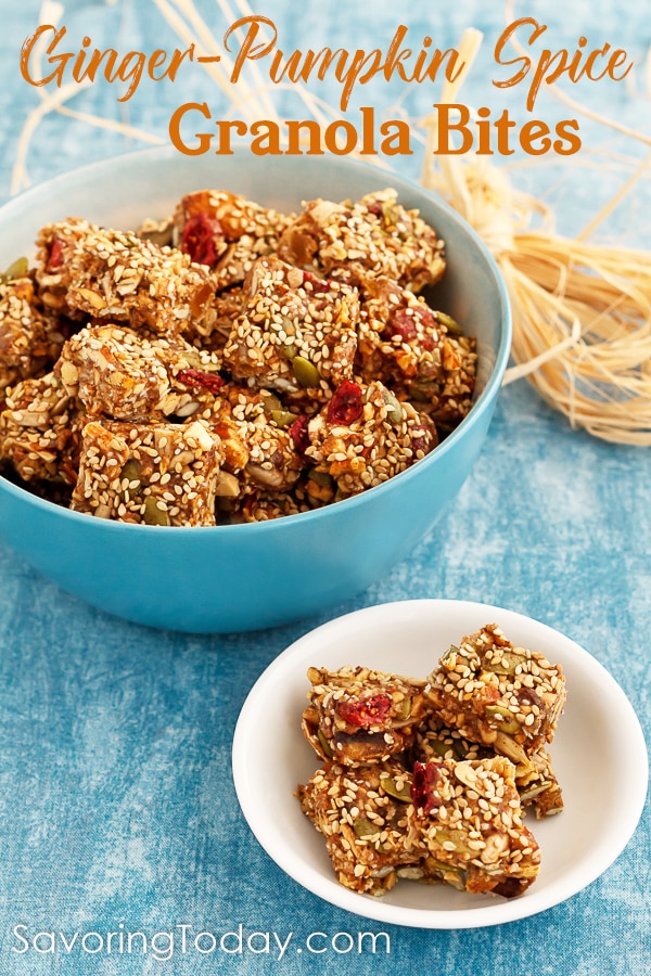 This no-bake healthy granola snack recipe is grain-free and easy to customize to suit any diet preference. Specked with bits of ginger and pumpkin pie spices make these great-tasting snacks a favorite in the fall. #snackrecipe #healthysnacks #healthy #grainfree #savoringtoday