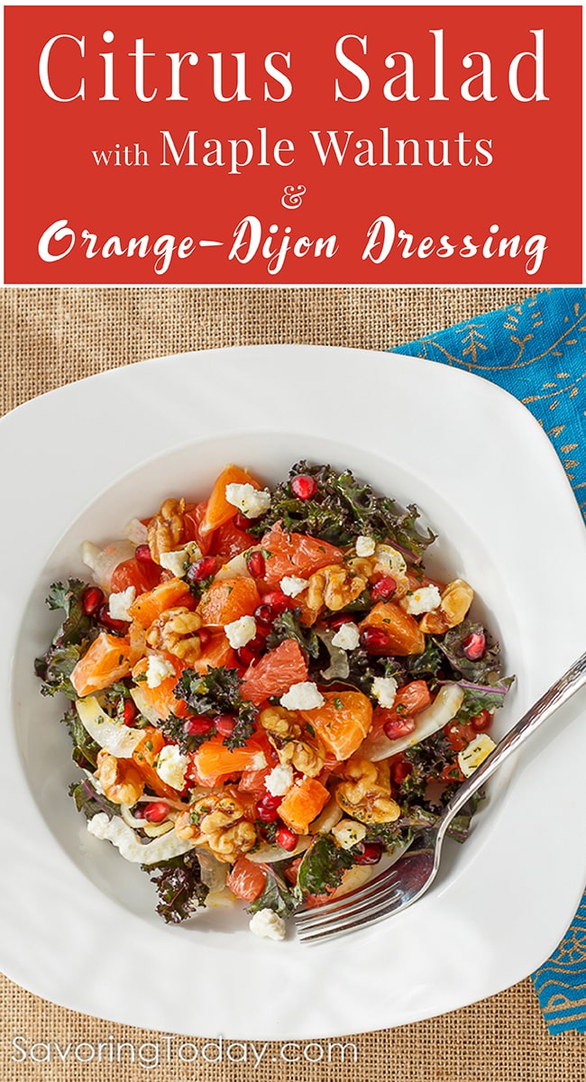 Citrus Salad Recipe gets a nutritional boost from kale, pomegranate and walnuts. This delicious side dish has it all and brings a healthy balance to rich, savory meals.