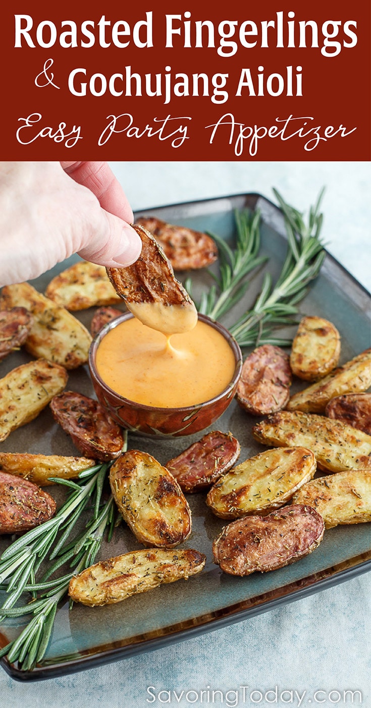 Roasted Fingerling Potatoes dipped in Gochujang Aioli doubles as a easy appetizer recipe or side dish. Savory, crisp potatoes are a grain-free dipper everyone can enjoy!