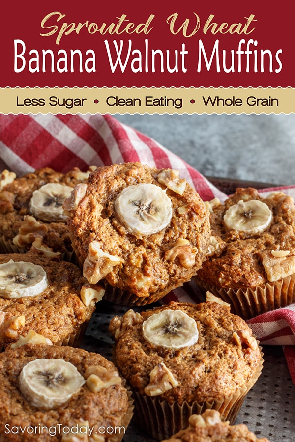 We think your family will love this healthy banana walnut muffin recipe made with sprouted whole grain and unrefined sugar, so there's no empty carbs. Let us show you how to concentrate the banana flavor for the best tasting banana muffins--ever. Breakfast is so much easier when you can pull a healthy muffin from the freezer! #cleaneatingrecipe #breakfast #muffinrecipe #bananamuffins #sproutedwheat