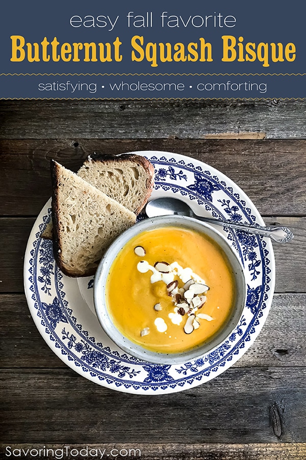 Roasted Butternut Squash Bisque is an easy recipe with a nourishing lineup of ingredients that's truly satisfying soul food. This velvety butternut soup is perfect for chilly evenings when you need something hearty but not heavy. Savory-sweet roasted squash, silky cream, and the combination of baking and curry spices creates a dynamic flavor in this fall soup recipe. #soup #butternut #easymeals #vegetable #healthysoups #cleaneating